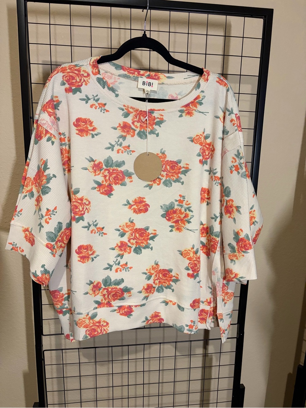 BIBI Pink Floral Waffle-Knit Top with Coral Roses